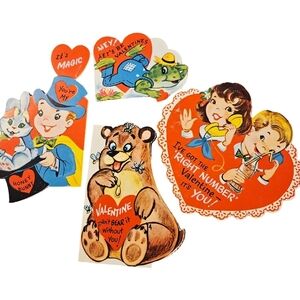 vintage Valentine's Day die-cut cards, likely from the 1930s to 1960s.